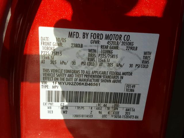 1FMYU92Z06KB46561 - 2006 FORD ESCAPE XLS RED photo 10