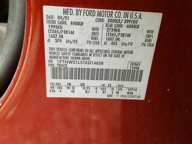 1FTNW21L51ED14658 - 2001 FORD F250 SUPER RED photo 10