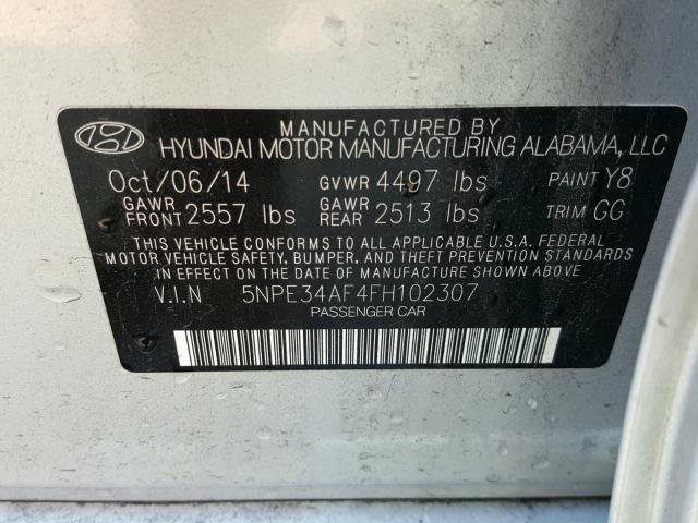 5NPE34AF4FH102307 - 2015 HYUNDAI SONATA SPO SILVER photo 10