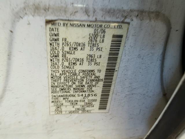 5N1AN08U06C541856 - 2006 NISSAN XTERRA OFF WHITE photo 10