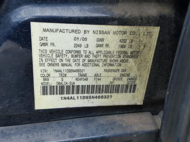 1N4AL11D95N466321 - 2005 NISSAN ALTIMA S BLUE photo 10