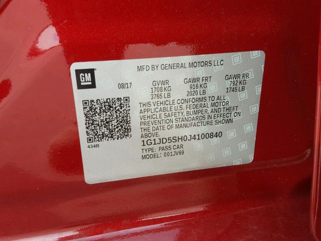 1G1JD5SH0J4100840 - 2018 CHEVROLET SONIC LT RED photo 10