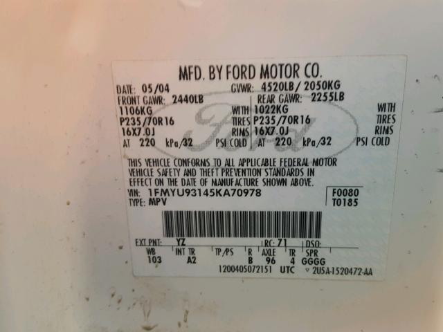 1FMYU93145KA70978 - 2005 FORD ESCAPE XLT WHITE photo 10