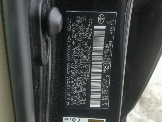 JTDKB20U277660995 - 2007 TOYOTA PRIUS BLACK photo 10