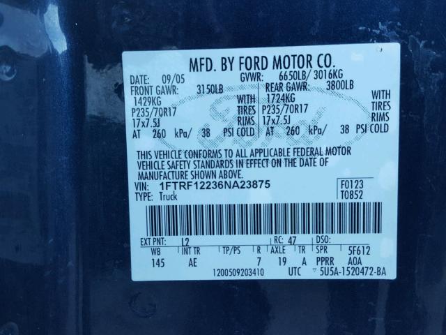 1FTRF12236NA23875 - 2006 FORD F150 BLUE photo 10