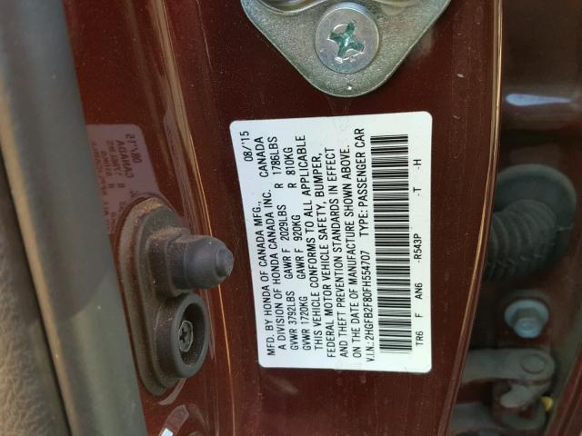 2HGFB2F80FH554707 - 2015 HONDA CIVIC EX RED photo 10