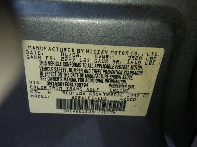 3N1AB61E08L730794 - 2008 NISSAN SENTRA 2.0 GRAY photo 10