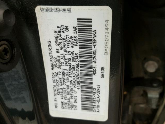 4T1BE32K02U605346 - 2002 TOYOTA CAMRY LE GREEN photo 10