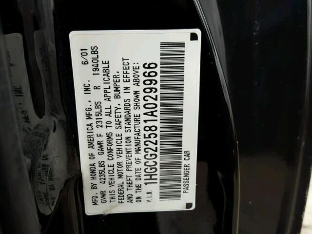 1HGCG22581A029966 - 2001 HONDA ACCORD EX BLACK photo 10