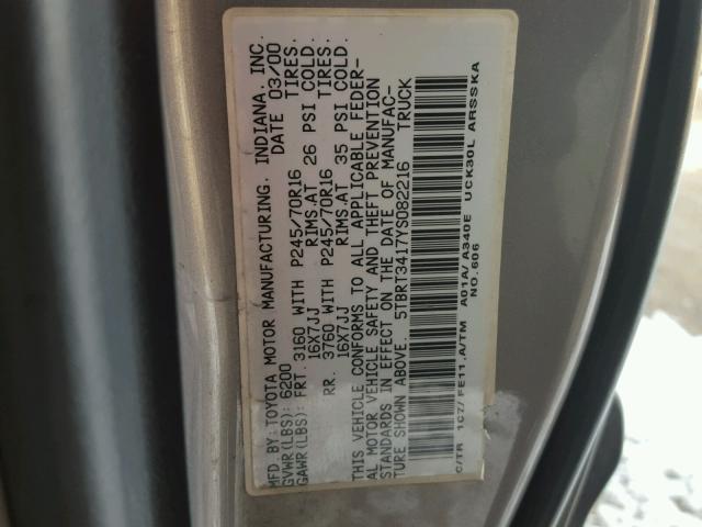 5TBRT3417YS082216 - 2000 TOYOTA TUNDRA ACC GRAY photo 10