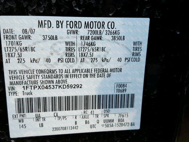 1FTPX04537KD59292 - 2007 FORD F150 BLACK photo 10