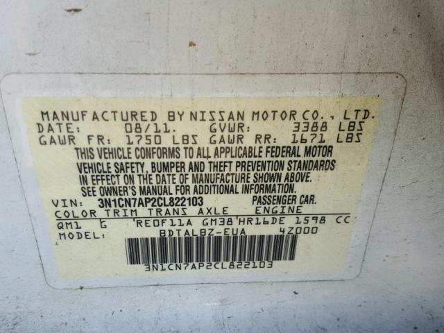 3N1CN7AP2CL822103 - 2012 NISSAN VERSA S WHITE photo 10