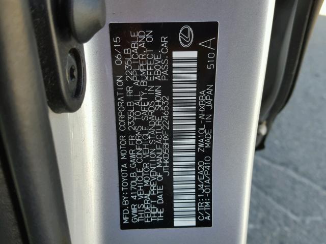 JTHKD5BHXF2246532 - 2015 LEXUS CT 200 SILVER photo 10