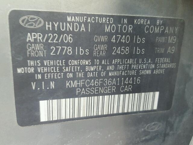 KMHFC46F36A114416 - 2006 HYUNDAI AZERA SE GRAY photo 10