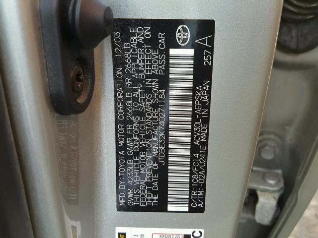 JTDBE32K740271184 - 2004 TOYOTA CAMRY LE SILVER photo 10