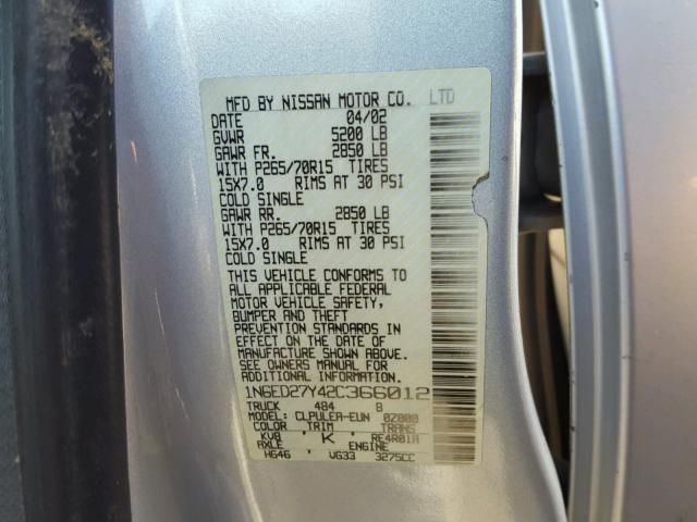 1N6ED27Y42C366012 - 2002 NISSAN FRONTIER C SILVER photo 10