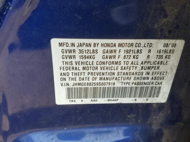 JHMGE88259S007918 - 2009 HONDA FIT BLUE photo 10