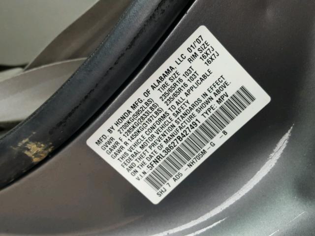 5FNRL38627B427491 - 2007 HONDA ODYSSEY EX GRAY photo 10