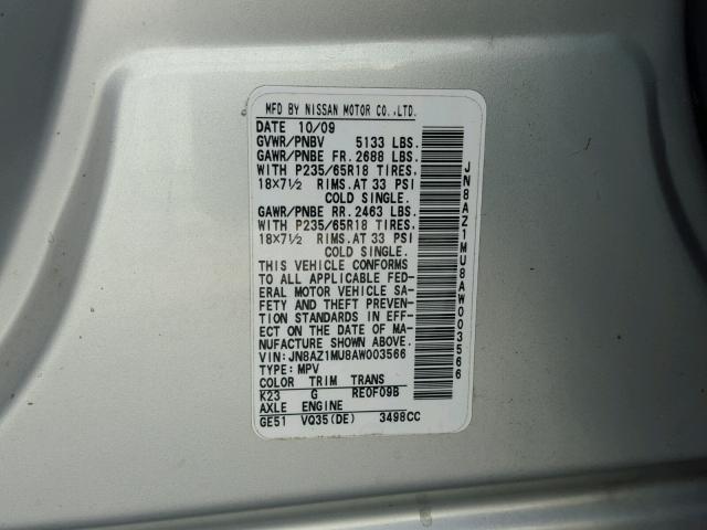 JN8AZ1MU8AW003566 - 2010 NISSAN MURANO S SILVER photo 10