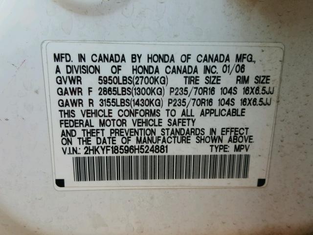 2HKYF18596H524881 - 2006 HONDA PILOT EX WHITE photo 10