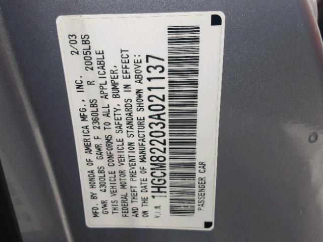 1HGCM82203A021137 - 2003 HONDA ACCORD LX SILVER photo 10