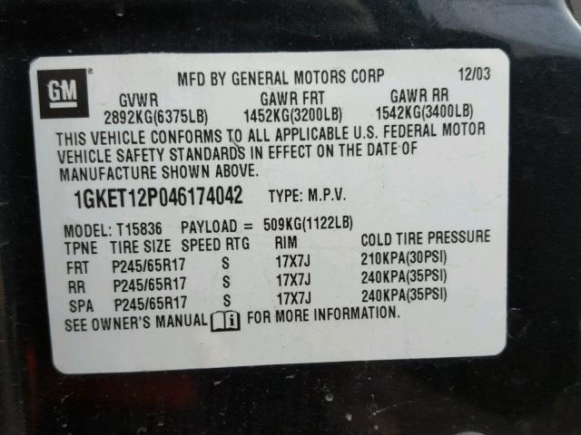 1GKET12P046174042 - 2004 GMC ENVOY XUV BLACK photo 10