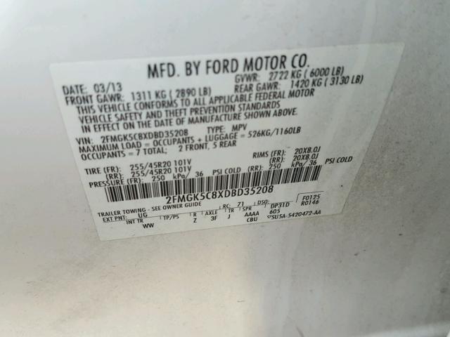 2FMGK5C8XDBD35208 - 2013 FORD FLEX SEL Ақ фото 10
