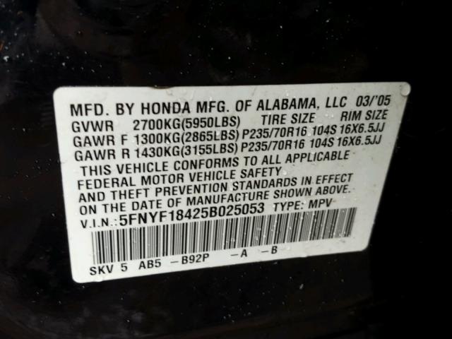 5FNYF18425B025053 - 2005 HONDA PILOT EX BLACK photo 10