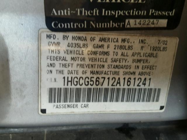 1HGCG56712A161241 - 2002 HONDA ACCORD SE SILVER photo 10