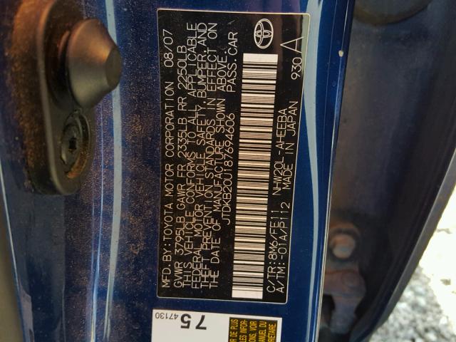 JTDKB20U187694606 - 2008 TOYOTA PRIUS BLUE photo 10