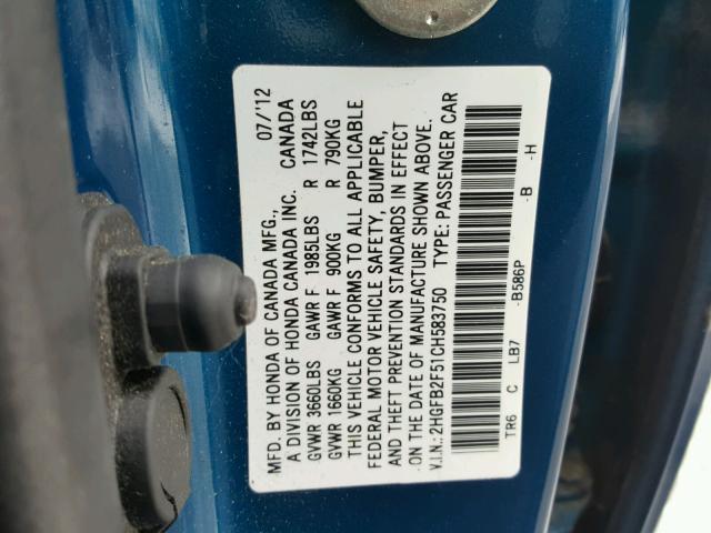 2HGFB2F51CH583750 - 2012 HONDA CIVIC LX BLUE photo 10