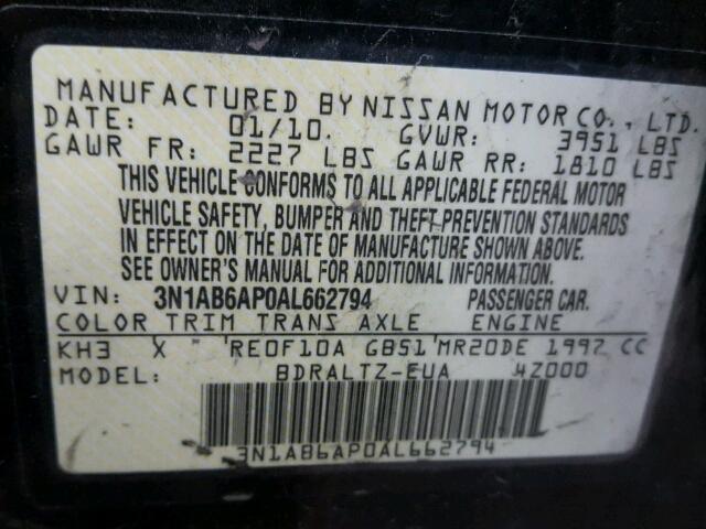 3N1AB6AP0AL662794 - 2010 NISSAN SENTRA/S/S BLACK photo 10