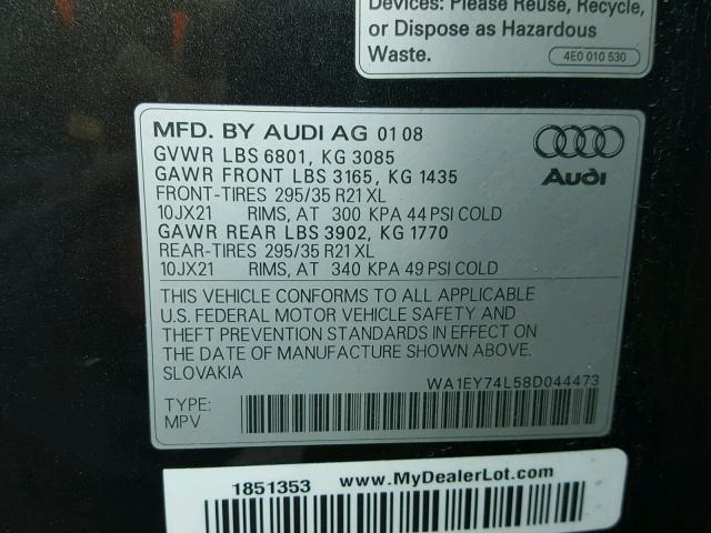 WA1EY74L58D044473 - 2008 AUDI Q7 3.6 QUA BLACK photo 10