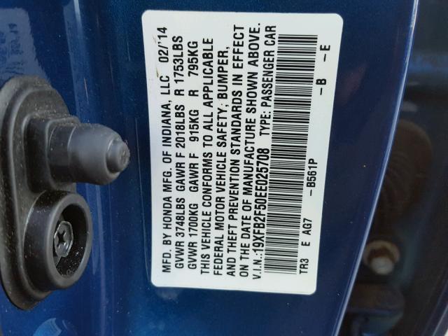 19XFB2F50EE025708 - 2014 HONDA CIVIC LX BLUE photo 10