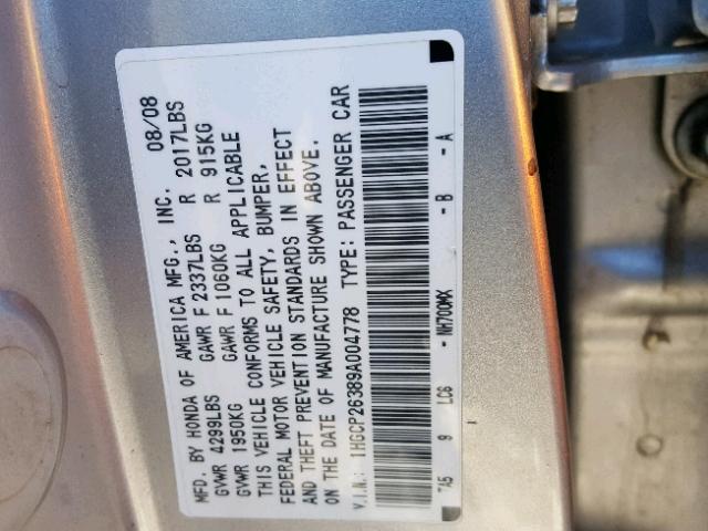 1HGCP26389A004778 - 2009 HONDA ACCORD LX SILVER photo 10