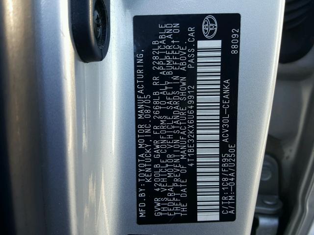 4T1BE32KX6U649912 - 2006 TOYOTA CAMRY LE SILVER photo 10