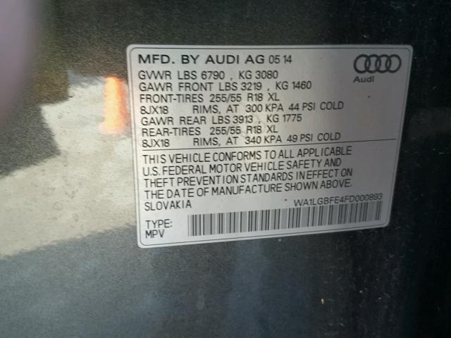 WA1LGBFE4FD000893 - 2015 AUDI Q7 PREMIUM GRAY photo 10