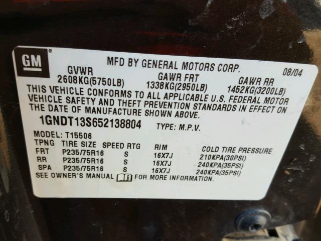 1GNDT13S652138804 - 2005 CHEVROLET TRAILBLAZE GRAY photo 10