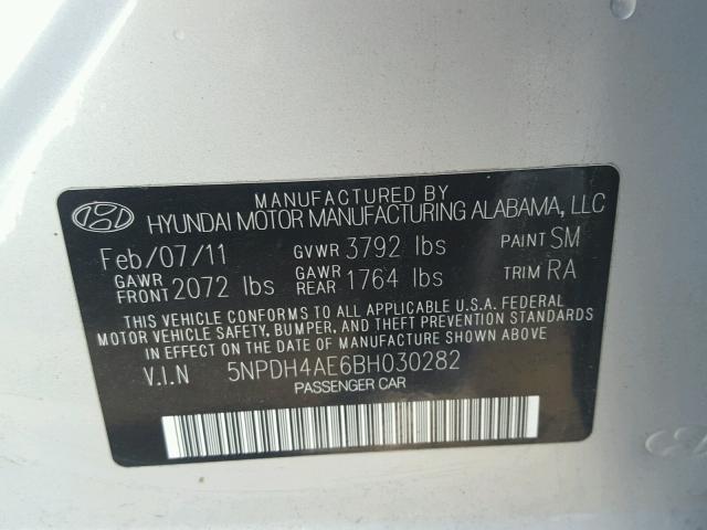 5NPDH4AE6BH030282 - 2011 HYUNDAI ELANTRA GL SILVER photo 10