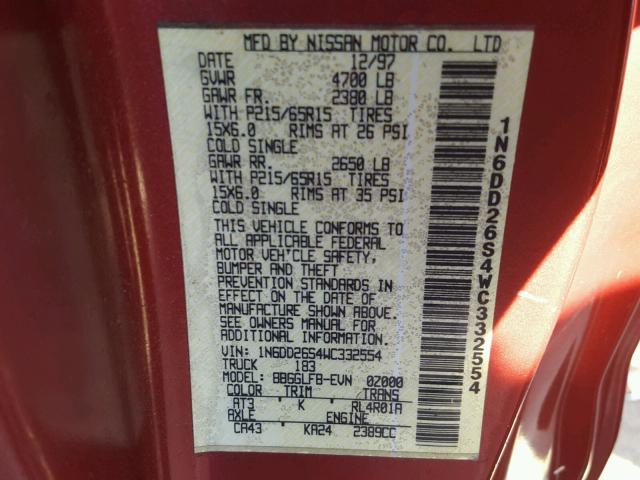 1N6DD26S4WC332554 - 1998 NISSAN FRONTIER K RED photo 10