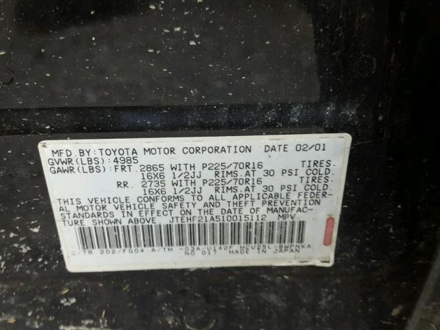 JTEHF21A510015112 - 2001 TOYOTA HIGHLANDER BLACK photo 10