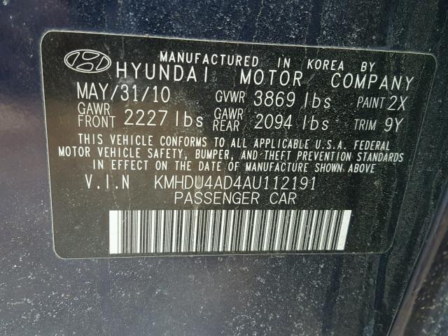 KMHDU4AD4AU112191 - 2010 HYUNDAI ELANTRA BL BLUE photo 10