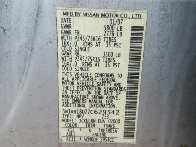 5N1AR18U77C629542 - 2007 NISSAN PATHFINDER GRAY photo 10