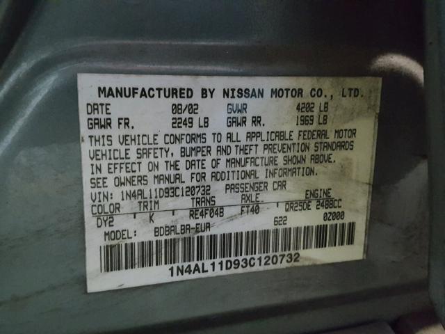 1N4AL11D93C120732 - 2003 NISSAN ALTIMA BAS GREEN photo 10