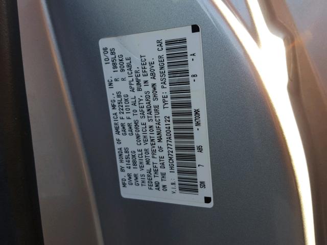 1HGCM72777A004122 - 2007 HONDA ACCORD EX SILVER photo 10