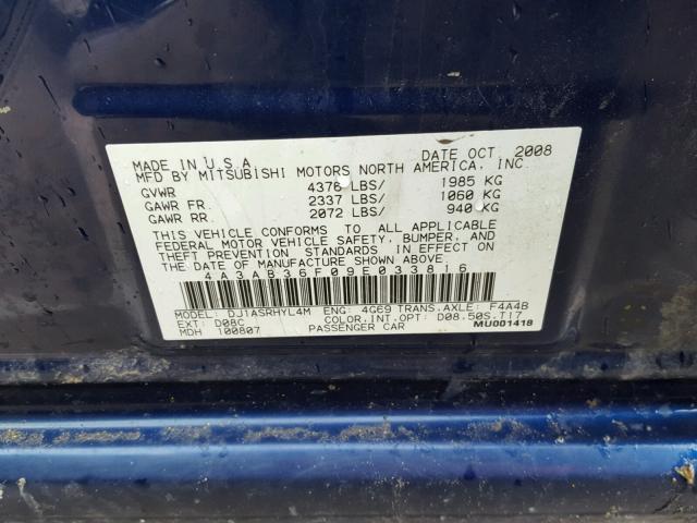 4A3AB36F09E033816 - 2009 MITSUBISHI GALANT ES BLUE photo 10