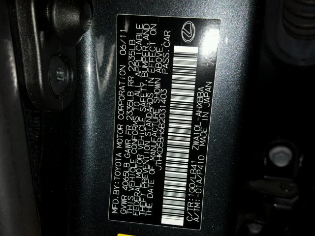 JTHKD5BH6B2031403 - 2011 LEXUS CT 200 BLACK photo 10