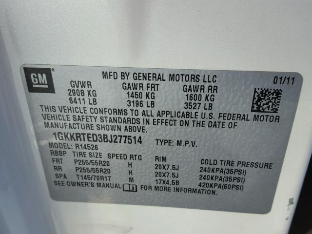 1GKKRTED3BJ277514 - 2011 GMC ACADIA DEN WHITE photo 10