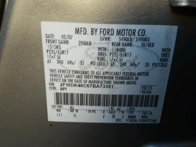 2FMDK46C67BA73351 - 2007 FORD EDGE SE SILVER photo 10