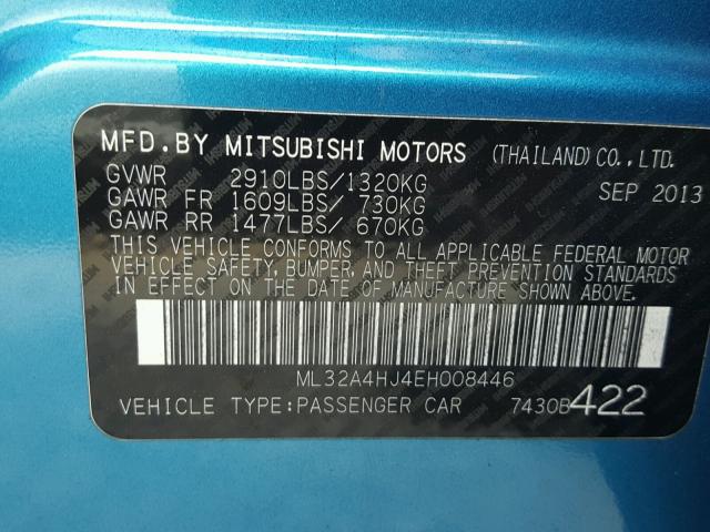 ML32A4HJ4EH008446 - 2014 MITSUBISHI MIRAGE ES BLUE photo 10